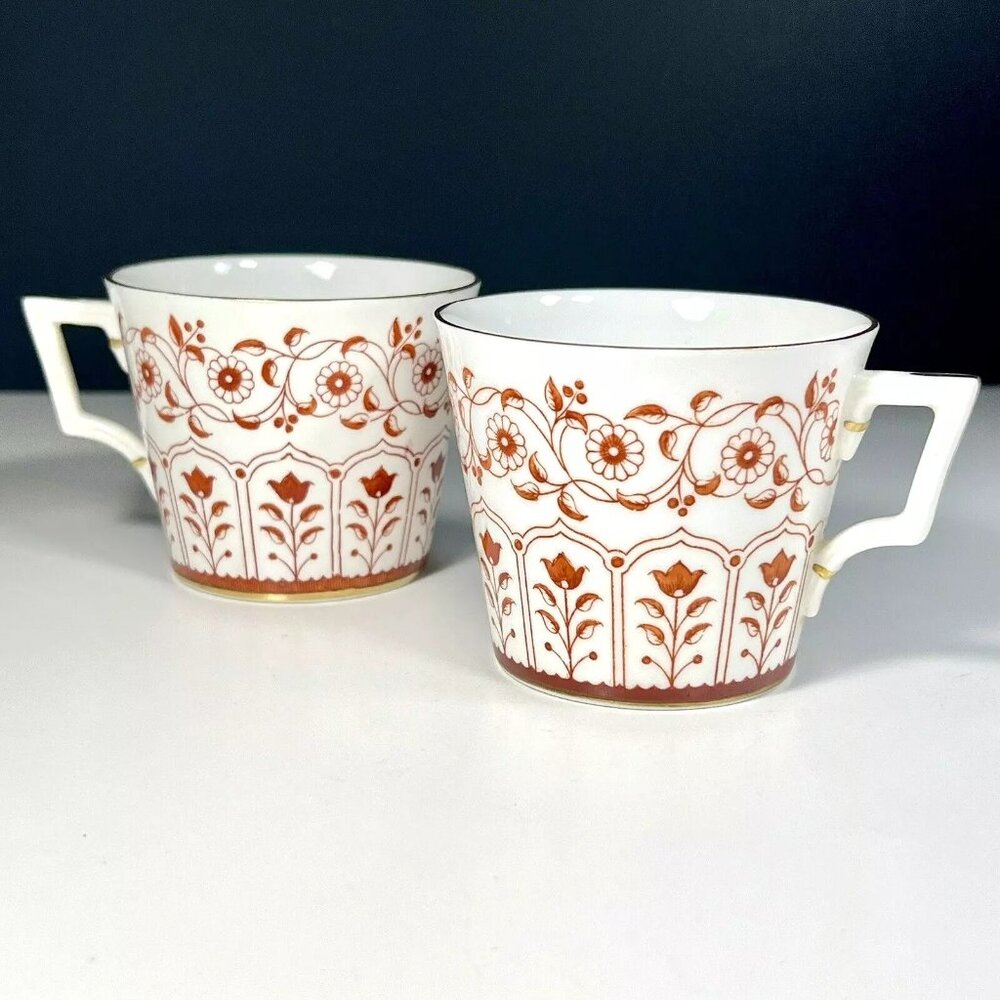 Vintage Royal Crown Derby Rougemont Pattern Tea Cups‎ Gold Trim England Set of 2